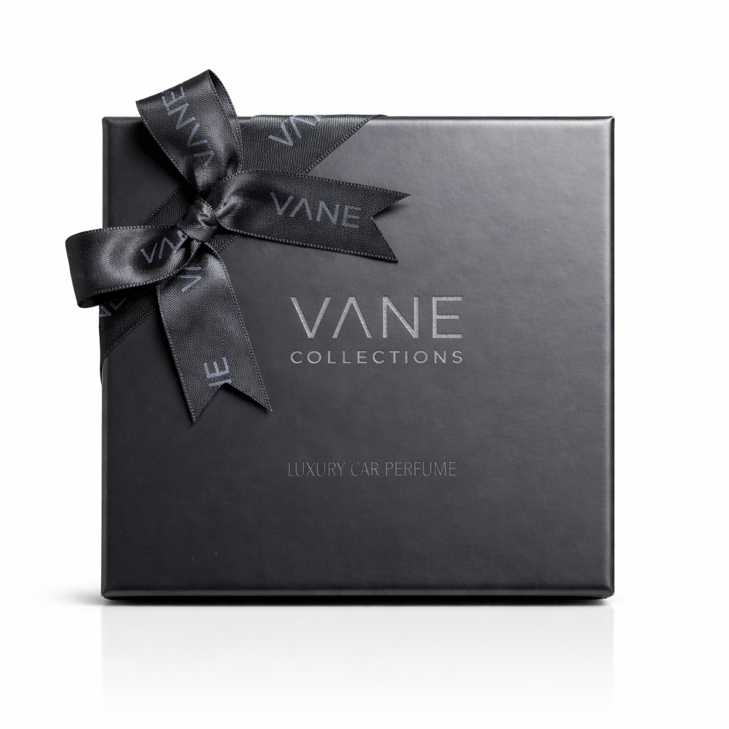 VANE Blanc Moss premium geschenkdoos autoparfum — zwarte luxe verpakking met satijnen details